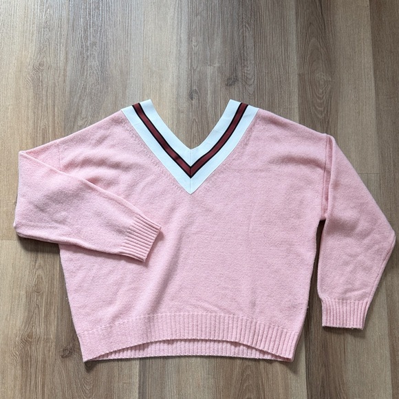 Sandro Pink Contrast Panel Striped V-Neck Sweater Red White Wool Blend Size XL - Picture 2 of 9